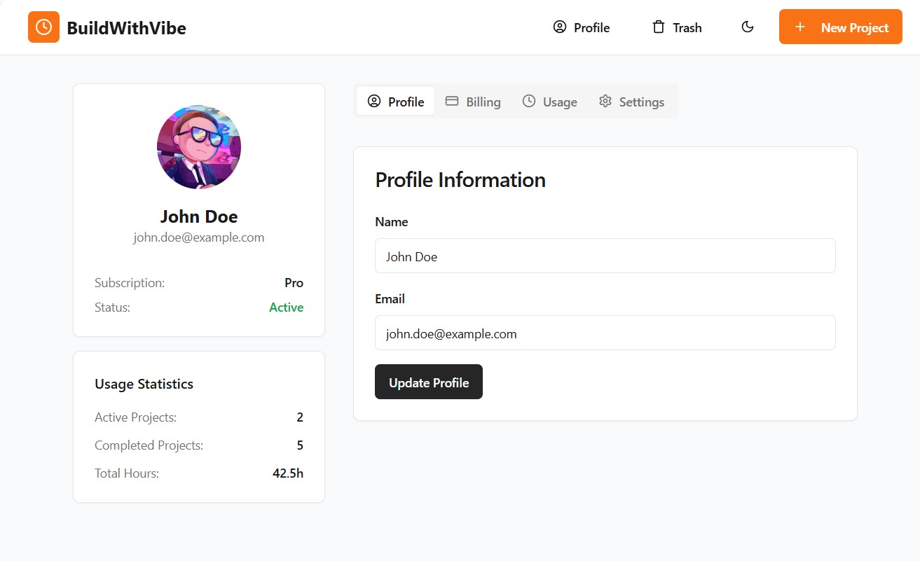 Build on Vibe user profile screen — early May 2025 mockup of account details, plan and preferences