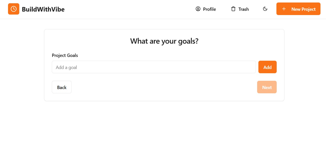 Build on Vibe project goals tab — May 2025 mockup of the sequential workspace with locked stages