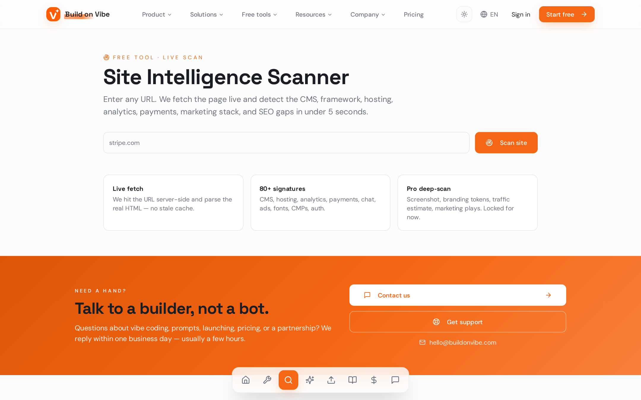 Build on Vibe site intelligence scanner reporting a website's tech stack
