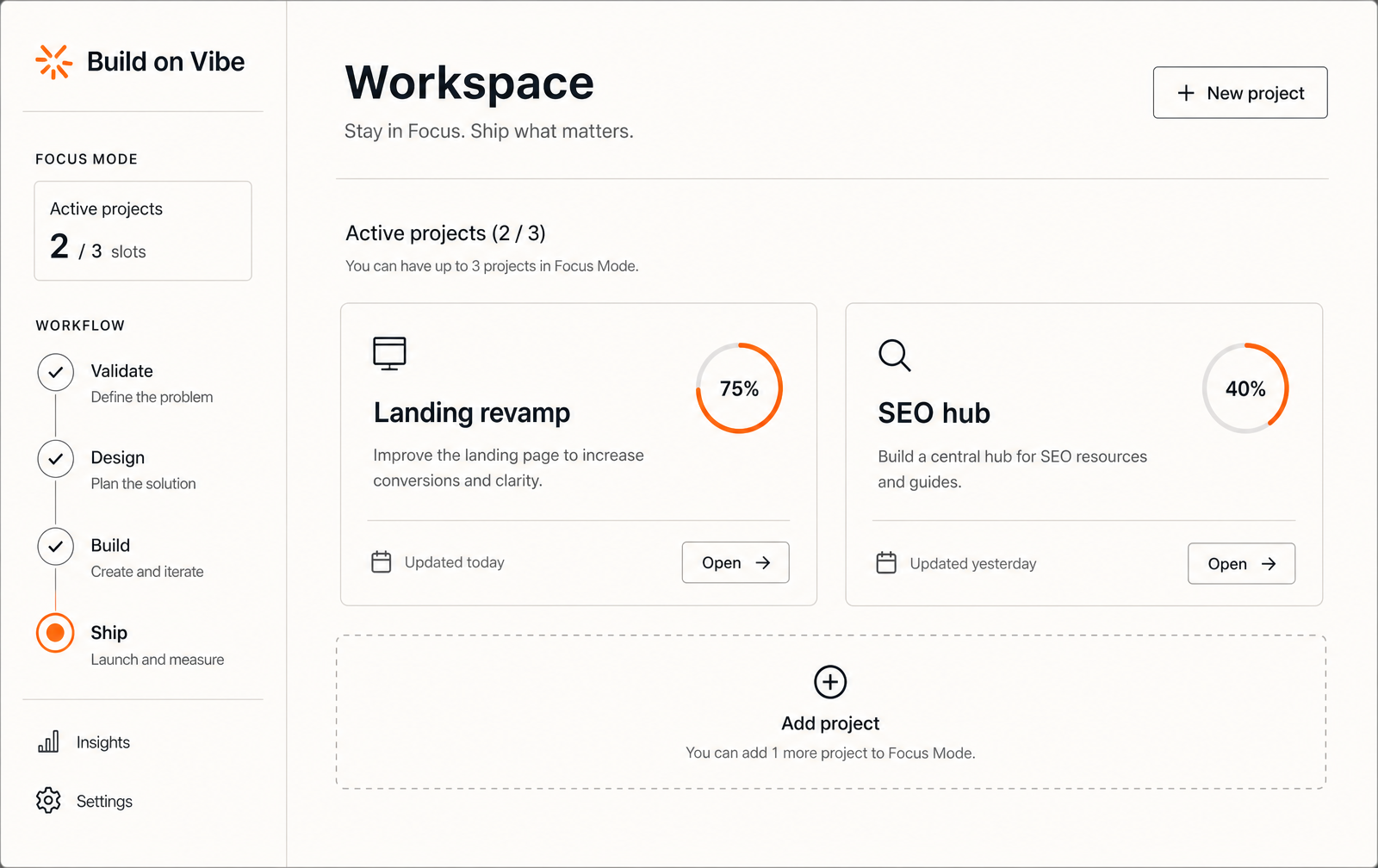 Build on Vibe workspace dashboard with active projects and focus mode