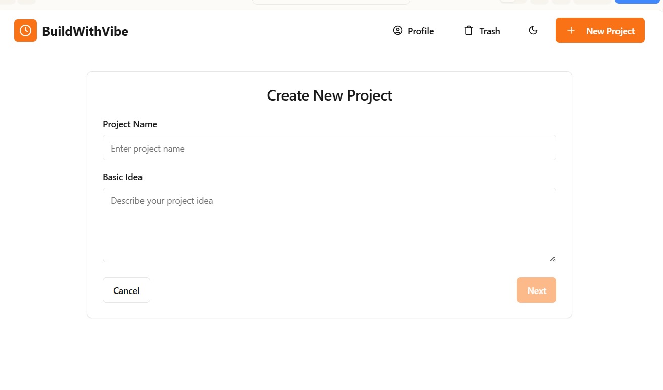 Build on Vibe new project creation modal — May 2025 mockup with project name and basic idea fields, orange primary CTA