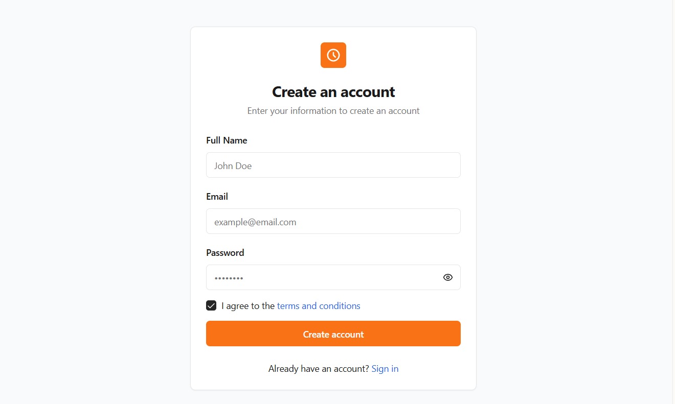 Build on Vibe create-an-account sign-up form — May 2025 mockup with full name, email, password and terms checkbox